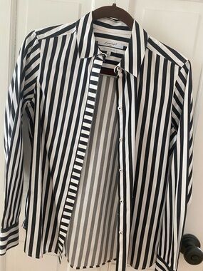 Foxcroft Black and White Striped Button-Down Shirt